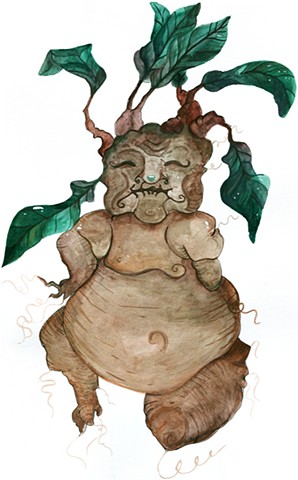 Illustration of a Mandrake done in watercolor and gouache by Katlynne Hummell Underhill