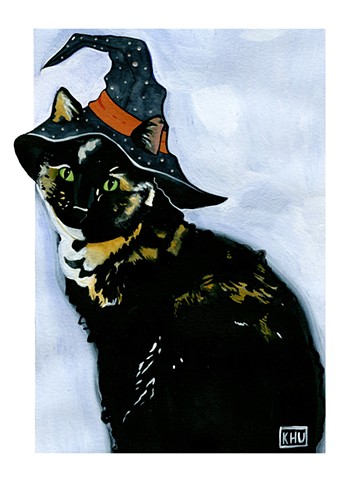 Commissioned pet portrait. Watercolor and gouache on paper, by Katlynne Hummell Underhill. Cat portrait. Cat painting. Cat in witch's hat. Halloween kitty