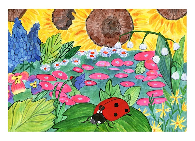 Illustration of a ladybug surrounded by sunflowers, lilies, hyacinth, pansies. Watercolor and gouache on paper, by Katlynne Hummell Underhill.