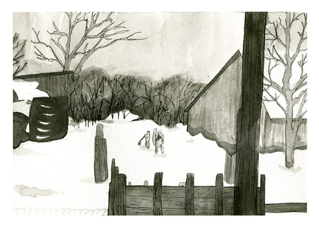 Ink illustration of an Iowa Farm by Katlynne Hummell Underhill
