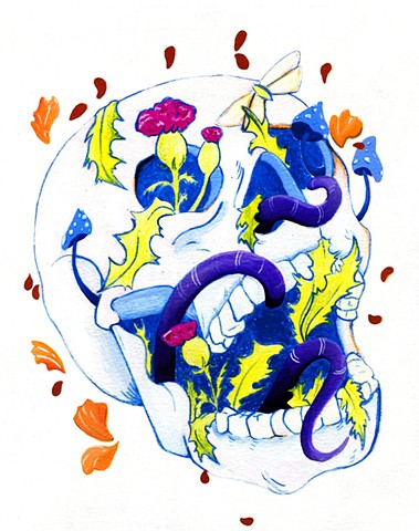 Skull art. Skull with flowers. Skull with mushrooms. Iowa Artist katlynne Hummell Underhill