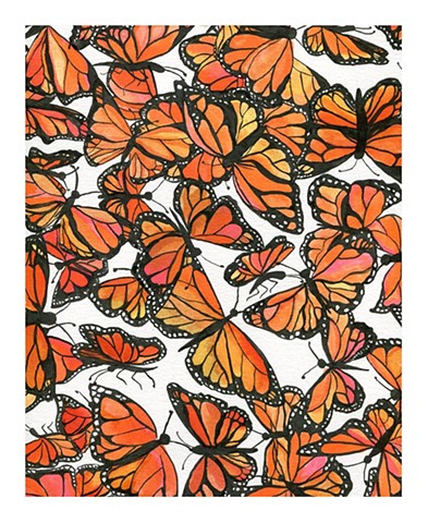 Ink illustration of a roost of monarch butterflies by katlynne Hummell Underhill