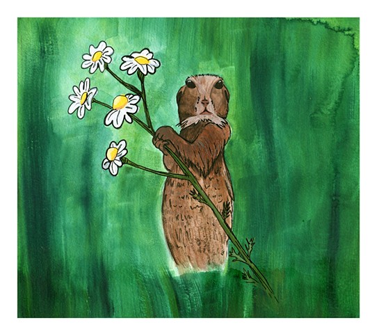 Illustration of a peaceful squirrel holding a flower by Katlynne Hummell Underhill. Watercolor and gouache painting of a squirrel.