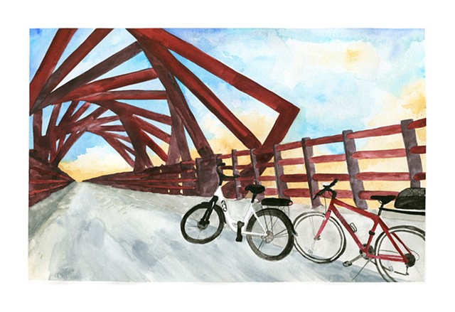 Commissioned painting of the Ankeny bridge with bicycles. Watercolor and gouache on paper, by Katlynne Hummell Underhill.