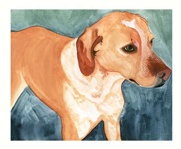 Commissioned home portrait of a hound dog. Watercolor and gouache on paper, by Katlynne Hummell Underhill.