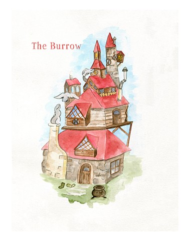Painting of the Burrow from Harry Potter by Katlynne Hummell Underhill.