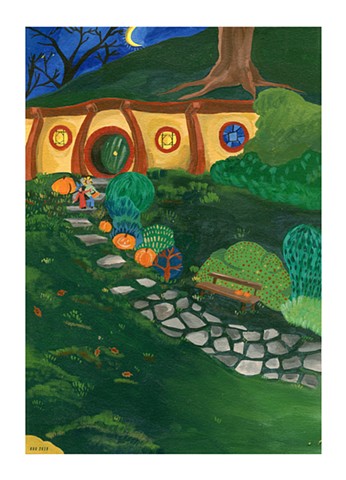 Illustration of hobbiton at halloween by Katlynne Hummell Underhill
