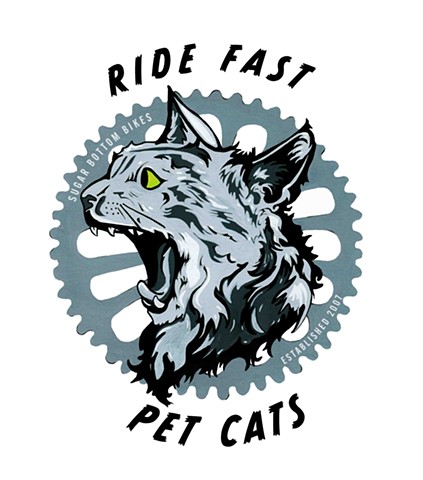Cat pet portrait by Katlynne Hummell Underhill. Gouache painting. Cat painting. bike shop logo. Cat on a bicycle. Cat punkrock