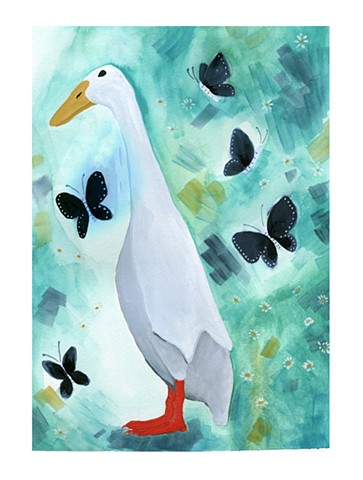 Portrait of a Running Duck surrounded by butterflies. Watercolor and gouache on paper, by Katlynne Hummell Underhill.