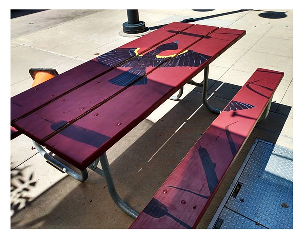 Painting of a red winged black bird on a picnic table for the City of Iowa City by artist Katlynne Hummell Underhill