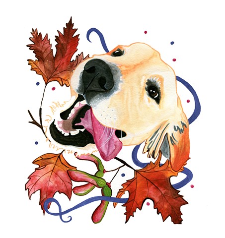 Commissioned home portrait of a golden retriever with maple leaves. Watercolor and gouache on paper, by Katlynne Hummell Underhill.