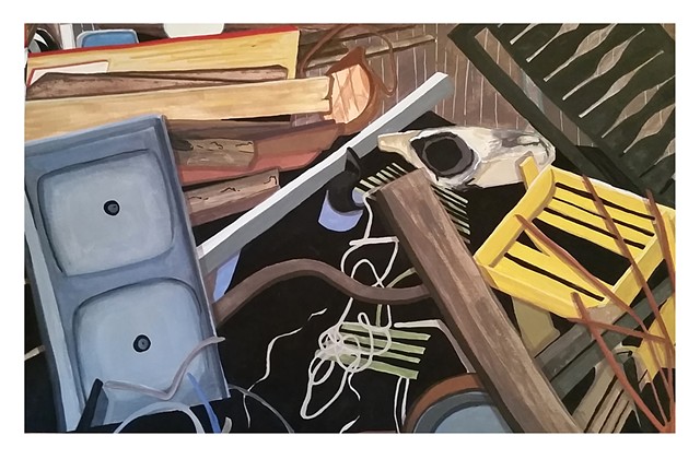 Painting from senior BFA show at the University of Iowa. A collection of hoarded materials. Art discussing mental illness.. Watercolor and gouache on paper, by Katlynne Hummell Underhill.
