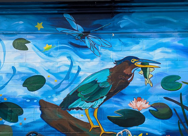 Iowa city bike library mural of a green heron snacking on a fish 