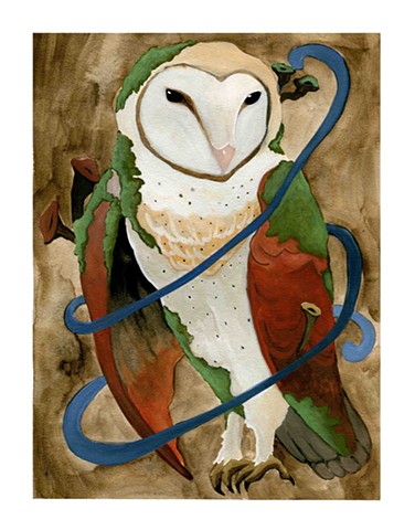 Watercolor and gouache painting of an owl. Owl consumed by moss. Owl painting by Katlynne Hummell Underhill. Katlynne Hummell. Katlynne Underhill.