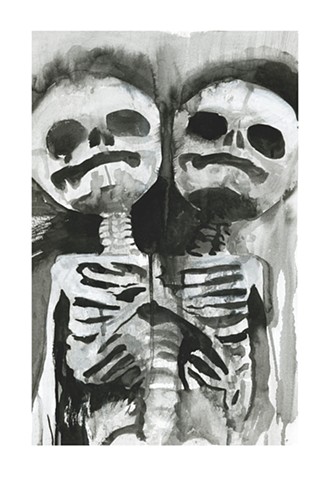 Ink painting of conjoined twins skeleton by Katlynne Hummell Underhill