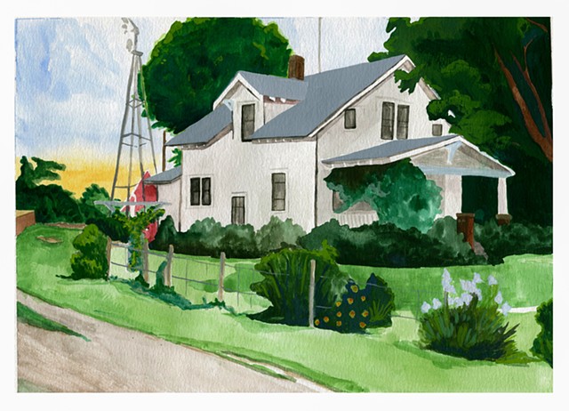 Commissioned portrait of a home in Iowa. Watercolor and gouache on paper, by Katlynne Hummell Underhill.