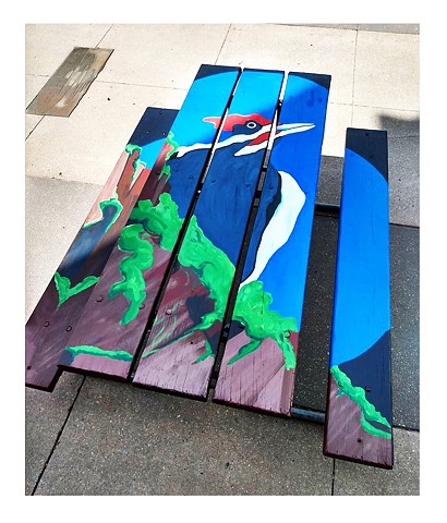 Painting of a pileated woodpecker on a picnic table for the City of Iowa City by artist Katlynne Hummell Underhill