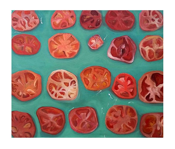 Oil painting of sliced tomatoes, sexual tomatoes, sperm, vagina, vulva painting by Katlynne Hummell Underhill.