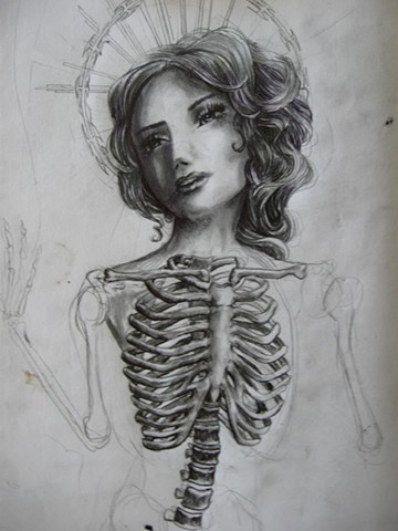 A drawing of a feamle figure from the waist up. The ribcage and spine exposed. 
