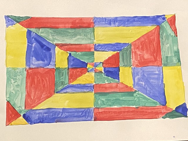 A painting of a geometric pattern of red, yellow, green and blue shapes.