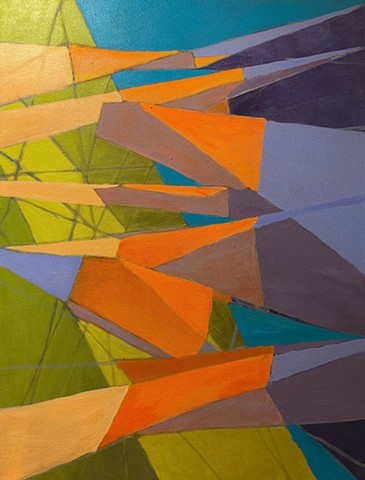 An abstract painting with colorful geometric triangles.