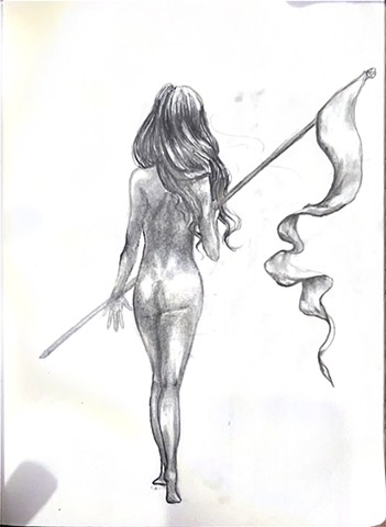 A drawing of the back of a nude female figure walking away holding a flag.