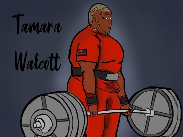 A digital illustration of a feamle weightlifter with close cropped hair and gold hoops holding a barbell in the hang position.