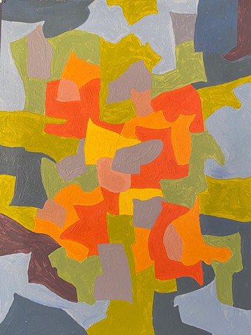 An abstract painting of geometric shapes that are grey around the edges and are yellow, red and orange toward the center. 