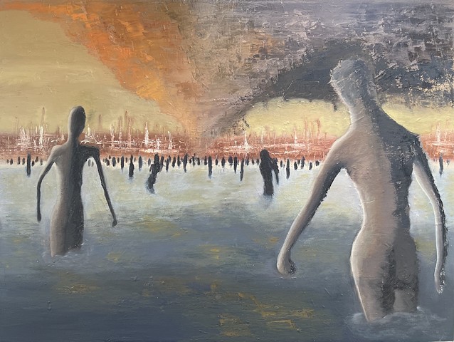 A painting of figures walking in water away from the view towards a cloud.