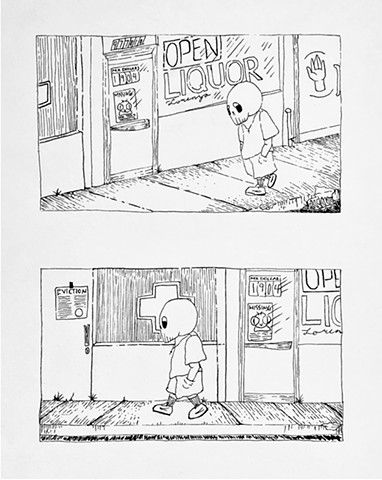 A two panel black and white cartoon of a figure walking past a liquor store in the top panel and the same figure walking by a dispensary in the bottom panle.