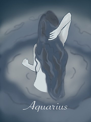 A digital illustration of the back of a female figure in water with the word "Aquarius" underneath.  
