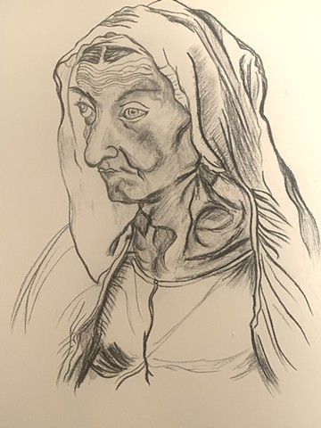 A drawn reproduction of a Durer artwork of a woman in profile with veil on head.