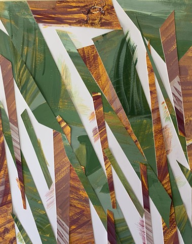 An abstract image made with cut paper that is painted green and brown.