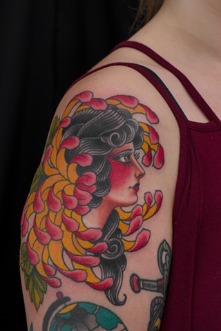 Crysanthemum Lady by Stefan Johnsson, Morningstar Tattoo, Belmont, Bay Area, California
