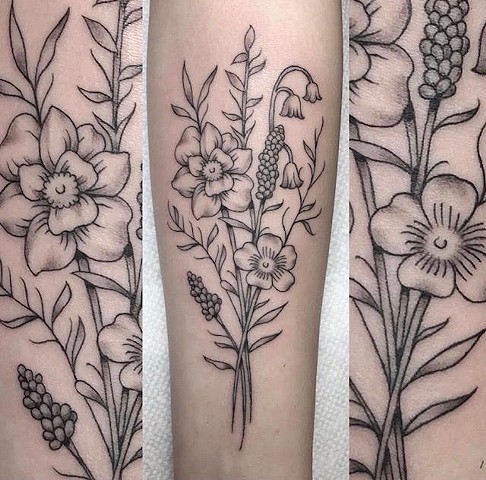 Flower Bouquet by Jordan LeFever, Morningstar Tattoo, Belmont, Bay Area, California