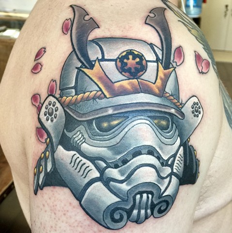 Star Wars Samura Helmet tattoo by Mike Bianco, Morningstar Tattoo, Belmont, Bay Area, California