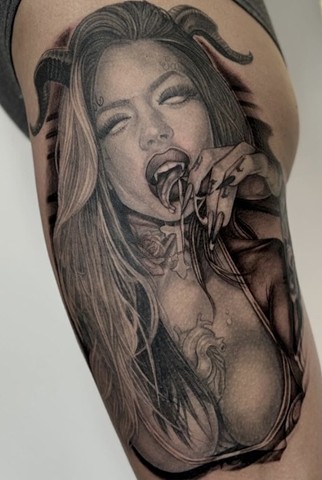 Devil Girl Tattoo by Megan Meow, Morningstar Tattoo Parlor, Belmont, Bay Area, California