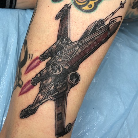 Star Wars X-Wing tattoo by Mike Bianco, Morningstar Tattoo, Belmont, Bay Area, California