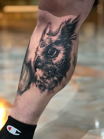 Horned Owl Tattoo by Michael Ascarie, Morningstar Tattoo, Belmont, Bay Area, California