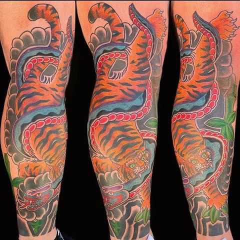 Tiger and Snake by Jordan LeFever, Morningstar Tattoo, Belmont, Bay Area, California