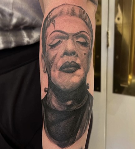 Drag of Frankenstien Tattoo by Megan Meow, Morningstar Tattoo Parlor, Belmont, Bay Area, California