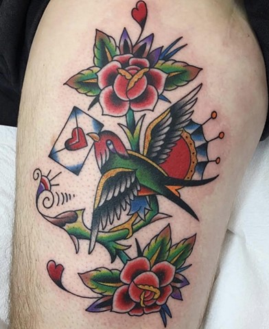 Roses and Swallow by Jordan LeFever, Morningstar Tattoo, Belmont, Bay Area, California