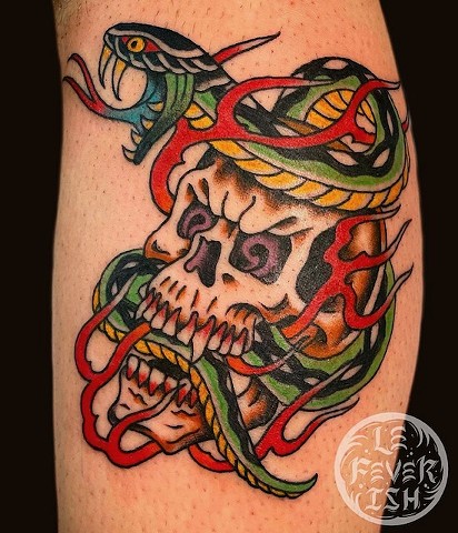Skull and Snake by Jordan LeFever, Morningstar Tattoo, Belmont, Bay Area, California
