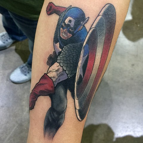 Captain America tattoo by Mike Bianco, Morningstar Tattoo, Belmont, Bay Area, California