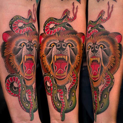 Bear and Snake by Stefan Johnsson, Morningstar Tattoo, Belmont, Bay Area, California
