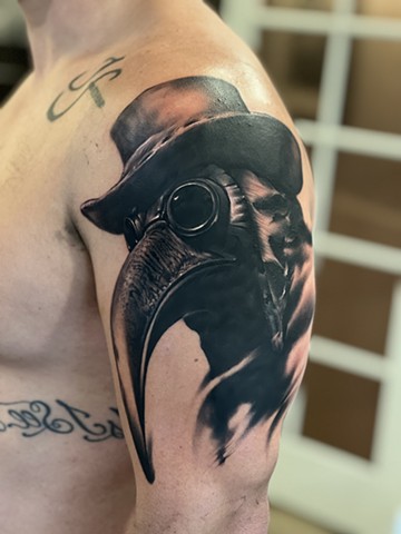 Plague Doctor Tattoo by Michael Ascarie, Morningstar Tattoo, Belmont, Bay Area, California