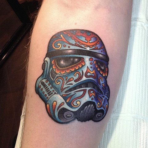 Sugarskull Stormtrooper Helmet tattoo by Mike Bianco, Morningstar Tattoo, Belmont, Bay Area, California