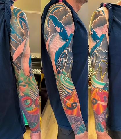 Octopus and Whale Sleeve by Adam Sky, Morningstar Tattoo Parlor, Belmont, Bay Area, California