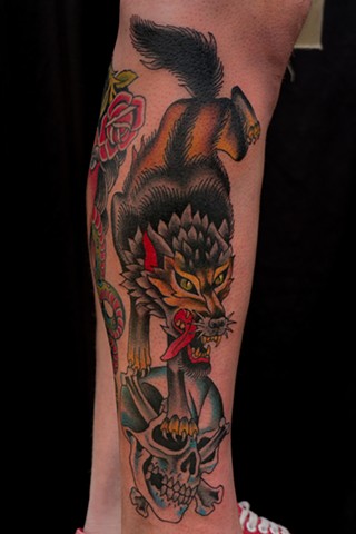 Wolf and Skull by Stefan Johnsson, Morningstar Tattoo, Belmont, Bay Area, California