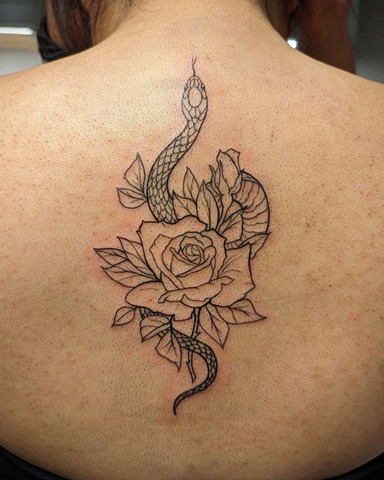 Rose and Snake Tattoo by Jordi Simons, Morningstar Tattoo, Belmont, Bay Area, California